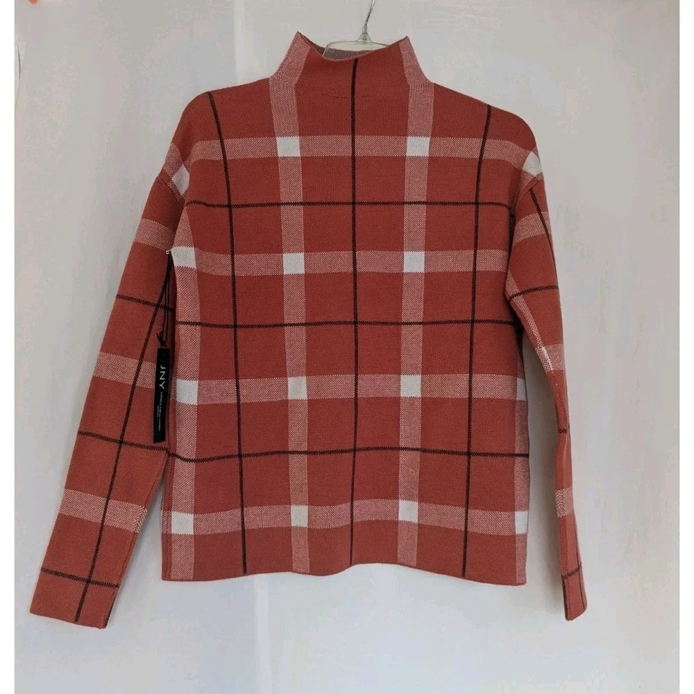JNY Jones New York Pullover Sweater Womens XS Amber Plaid Mock Neck NWT